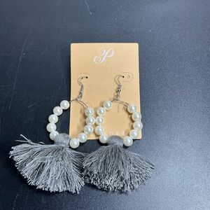 Plunder Pearl and Gray Tassel Hoop Earrings